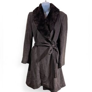 Vintage Barneys Brown Silk & Wool Belted Tailored Coat Fur Trimmed Made in Italy
